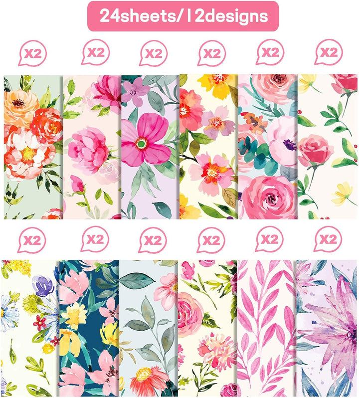 Florales Muster Scrapbook Papier, 30x30 cm, 24 Blatt/12 Designs Doppelseitiges Bastelpapier, Decoupa