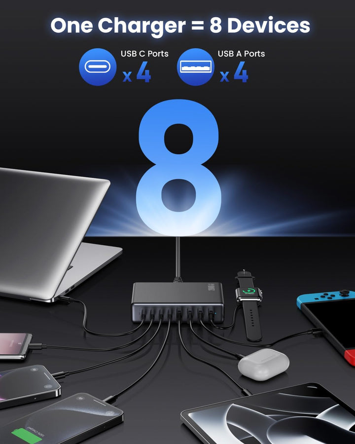 200W USB C Ladegerät Mehrfach, 8-in-1 GaN III USB C Netzteil Schnellladegerät mit QC4.0 USB-A, PPS P