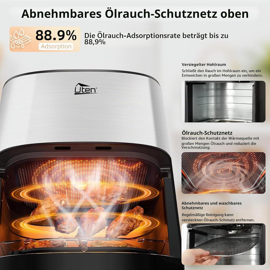 Uten Dual Blaze Heissluftfritteuse 5,5 L mit Sichtfenster, Airfryer 14 Programme, Verzögerter Start,