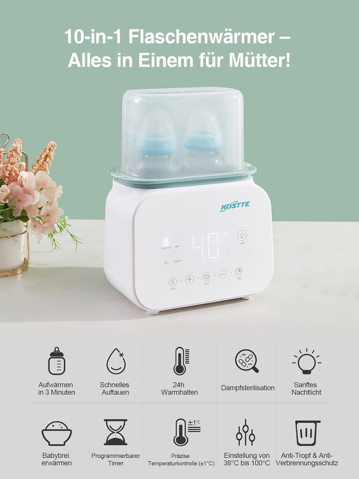 KOSTTE Flaschenwärmer Baby - Flaschenwärmer für 2 Flaschen - Babykostwärmer mit Temperatur - BPA-fre