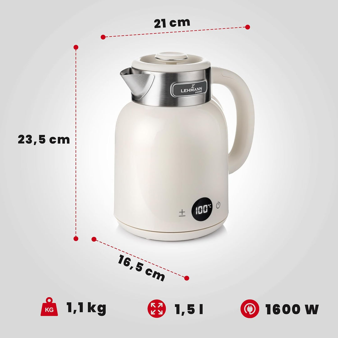 LEHMANN Elektrischer Wasserkocher mit Temperatureinstellung 40-100°C, 1,5L, Warmhaltefunktion, Schne