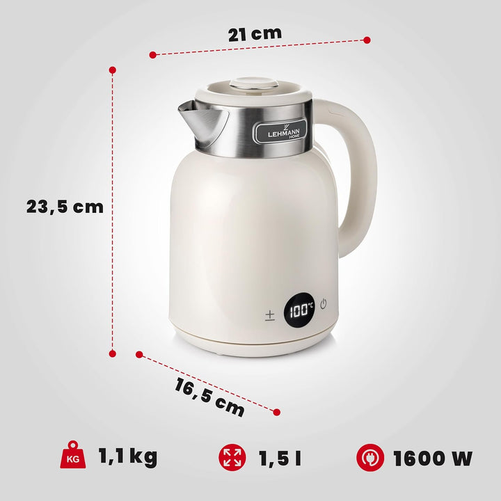 LEHMANN Elektrischer Wasserkocher mit Temperatureinstellung 40-100°C, 1,5L, Warmhaltefunktion, Schne