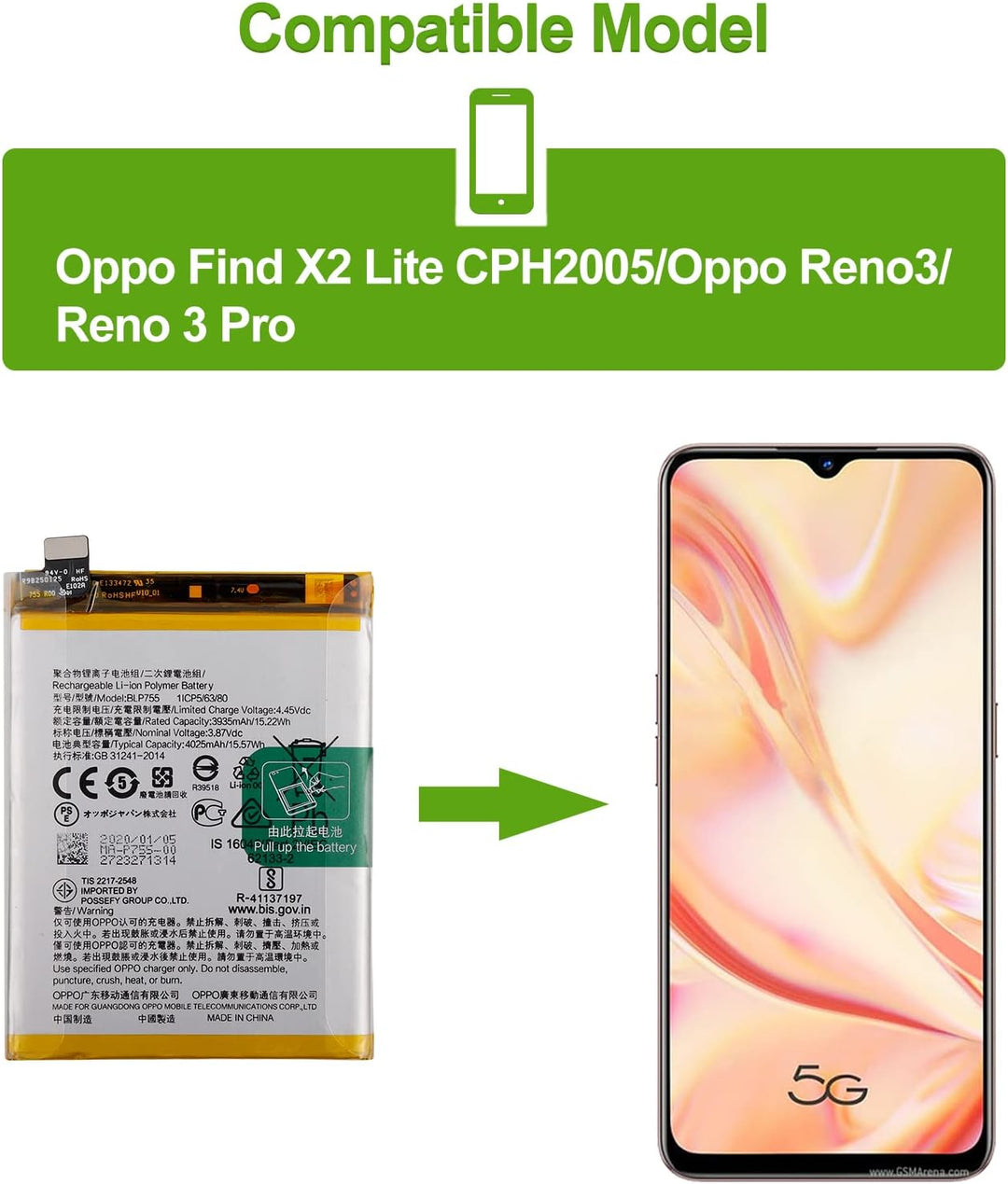 SwarKing Ersatz Akku Kompatibel mit Oppo Find X2 Lite CPH2005 & Oppo Reno3 & Reno 3 Pro BLP755 with