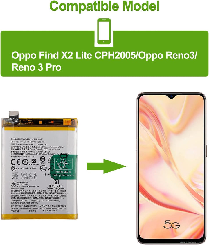 SwarKing Ersatz Akku Kompatibel mit Oppo Find X2 Lite CPH2005 & Oppo Reno3 & Reno 3 Pro BLP755 with