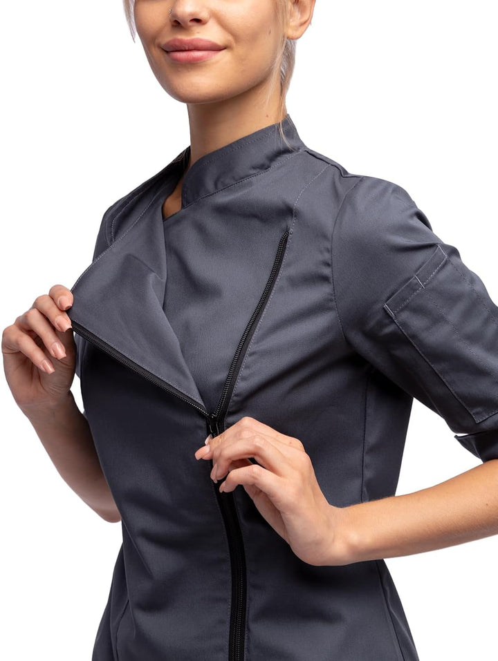 strongAnt Kochjacke Damen kurzarm Stretch mit Druckknöpfen oder Reissverschluss Kochuniform XS Grau