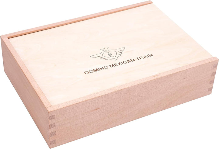 Engelhart - Domino Mexikanischer Zug D12 Deluxe in Einer Box aus Buchenholz + Punkteblock + Bahnhof