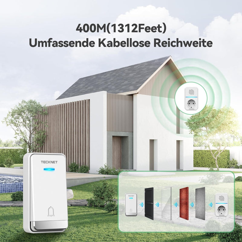 TECKNET Funkklingel Batterielose, Kabellose Türklingel mit EU-Steckdose und USB, IP65 Funkklingel wa