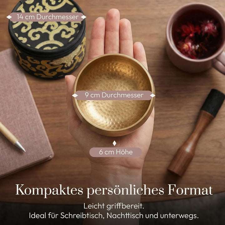 Silent Mind Klangschale Ø9cm Bronze – Handgefertigtes Komplett-Set mit Kissen und Klöppel, für Anfän