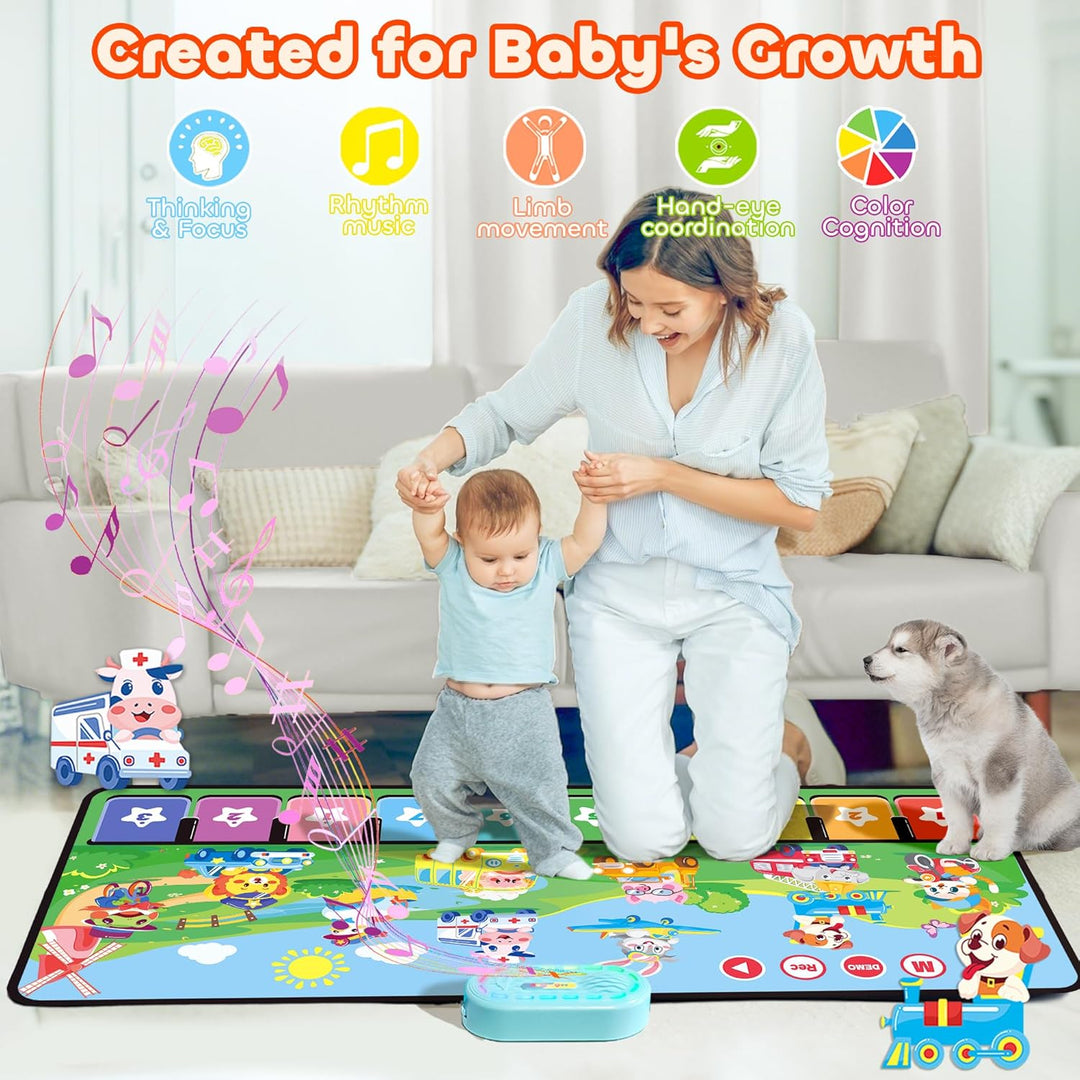 MOMUSE Baby Spielzeug ab 1 Jahr mit 80 Tönen, Grosse Musikmatte mit 10 Tiere &amp; 10Autos, Klaviermatte
