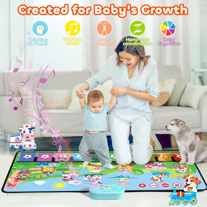MOMUSE Baby Spielzeug ab 1 Jahr mit 80 Tönen, Grosse Musikmatte mit 10 Tiere &amp; 10Autos, Klaviermatte
