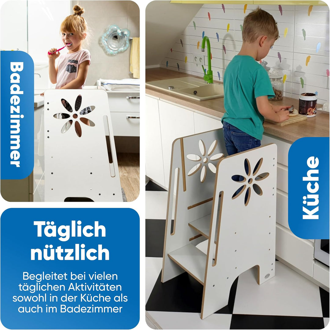 Kitchen Kids Helper Lernturm ab 1 Jahr - Höhenverstellbarer Lernturm Montessori Weiss 80cm - Sichere