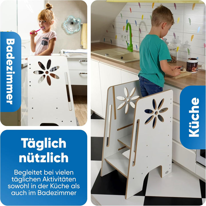 Kitchen Kids Helper Lernturm ab 1 Jahr - Höhenverstellbarer Lernturm Montessori Weiss 80cm - Sichere