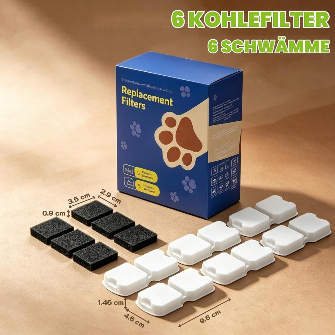 Katzenbrunnen Filter 6er Pack: 6 Kohlefilter + 6 Schwammfilter Hält das Wasser Frisch und Sauber, 2-
