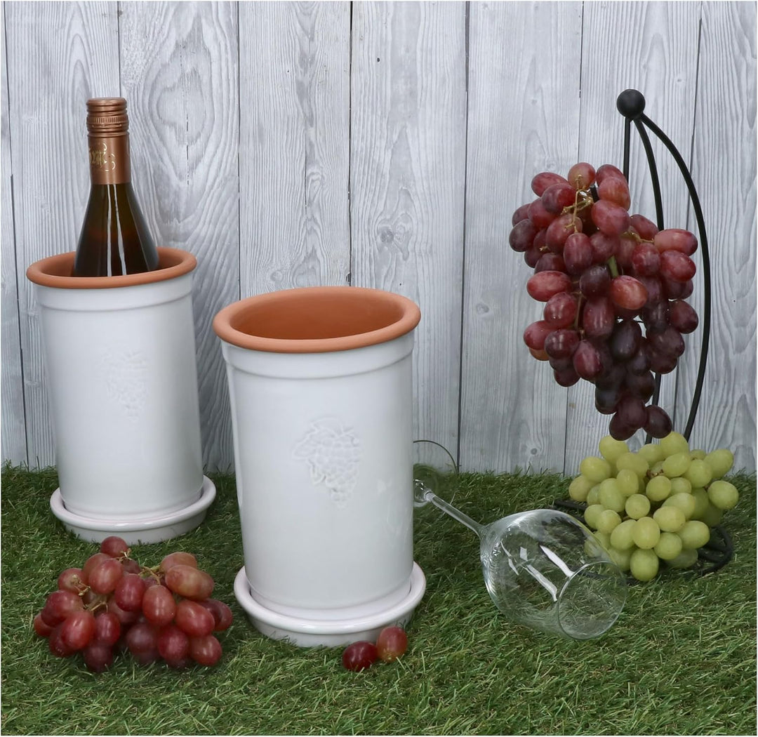 MamboCat | 2er Set Ton-Weinkühler + Untersetzer weiss lasiert I Ø 12,5 cm I H 21 cm I Flaschen-Kühle