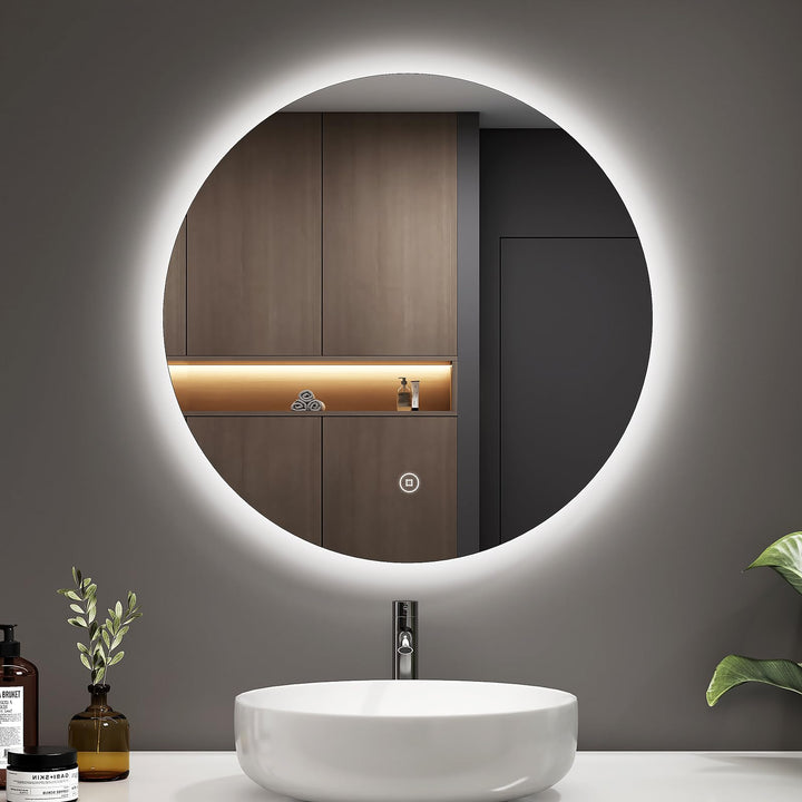 EMKE Badspiegel mit Beleuchtung Rund 50cm Rund LED Badspiegel mit Touch-Schalter, Dimmbar, 6500K, 3