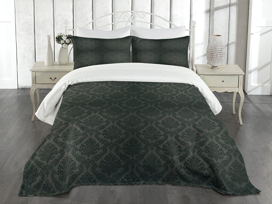 ABAKUHAUS Dunkelgrau Tagesdecke Set, Alte Damast-Motive, Set mit Kissenbezügen luftdurchlässig, für