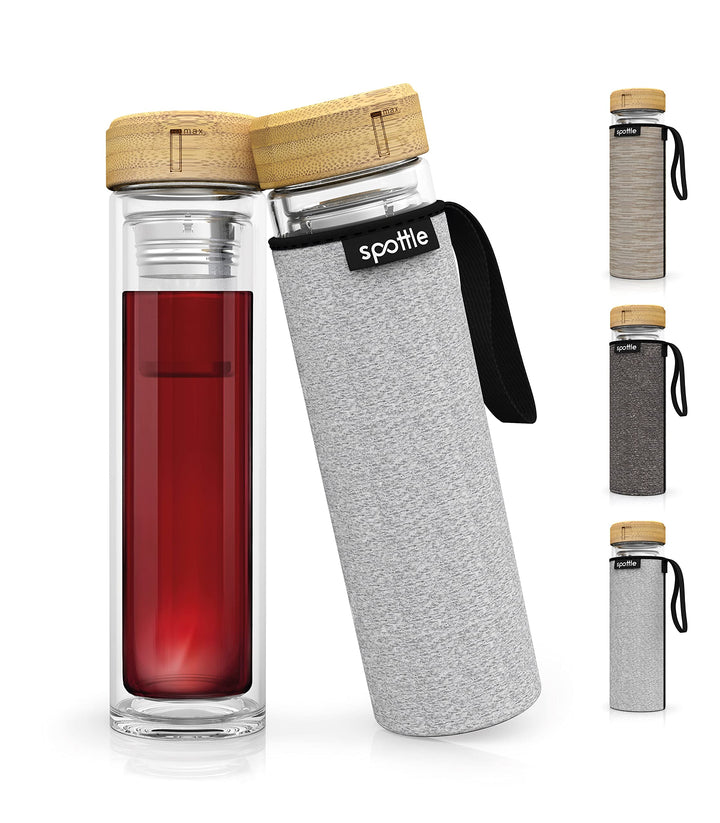 spottle Teeflasche mit sieb to go - Trinkflasche für Tee aus Glas in 500ml, 650ml, 1 Liter - Teekann