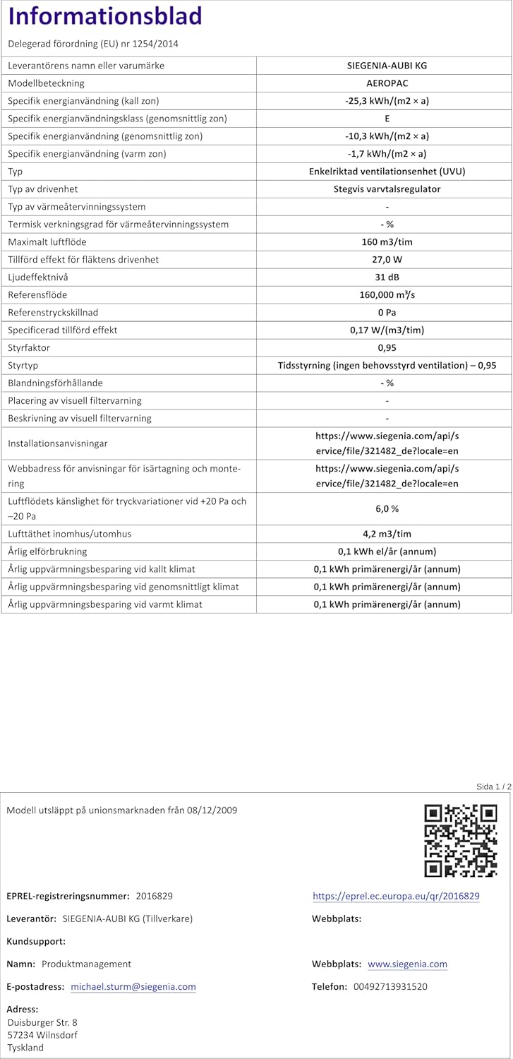 SIEGENIA AEROPAC Wand-Lüfter leise & energiesparend, dezentrale Wohnraum-Lüftung, hohe Luftleistung