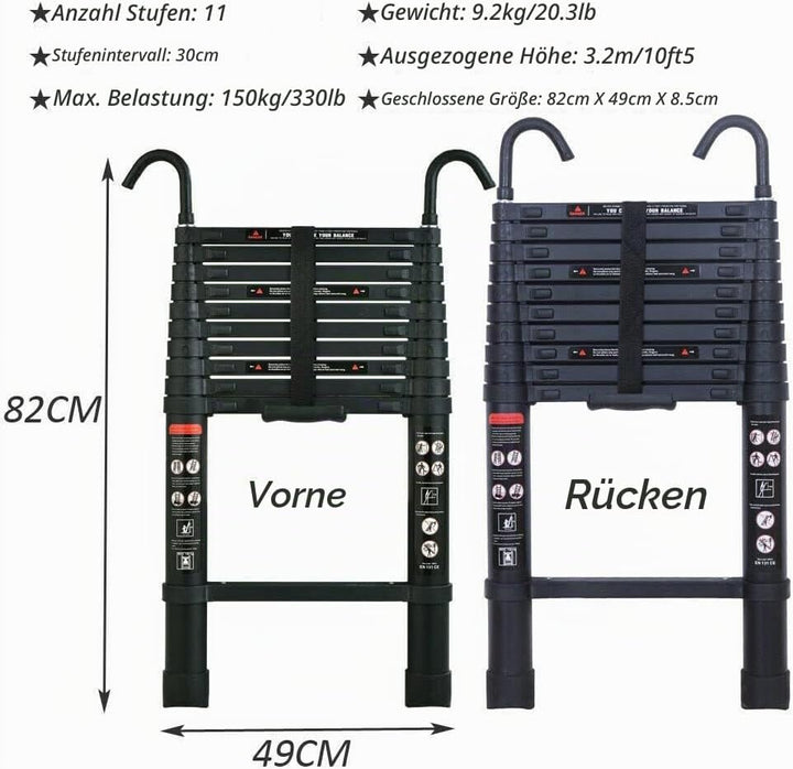 10,5FT Telescopic Ladder Aluminum Extension Ladder with Detachable Hooks Safe &amp; Compact, Collapsible