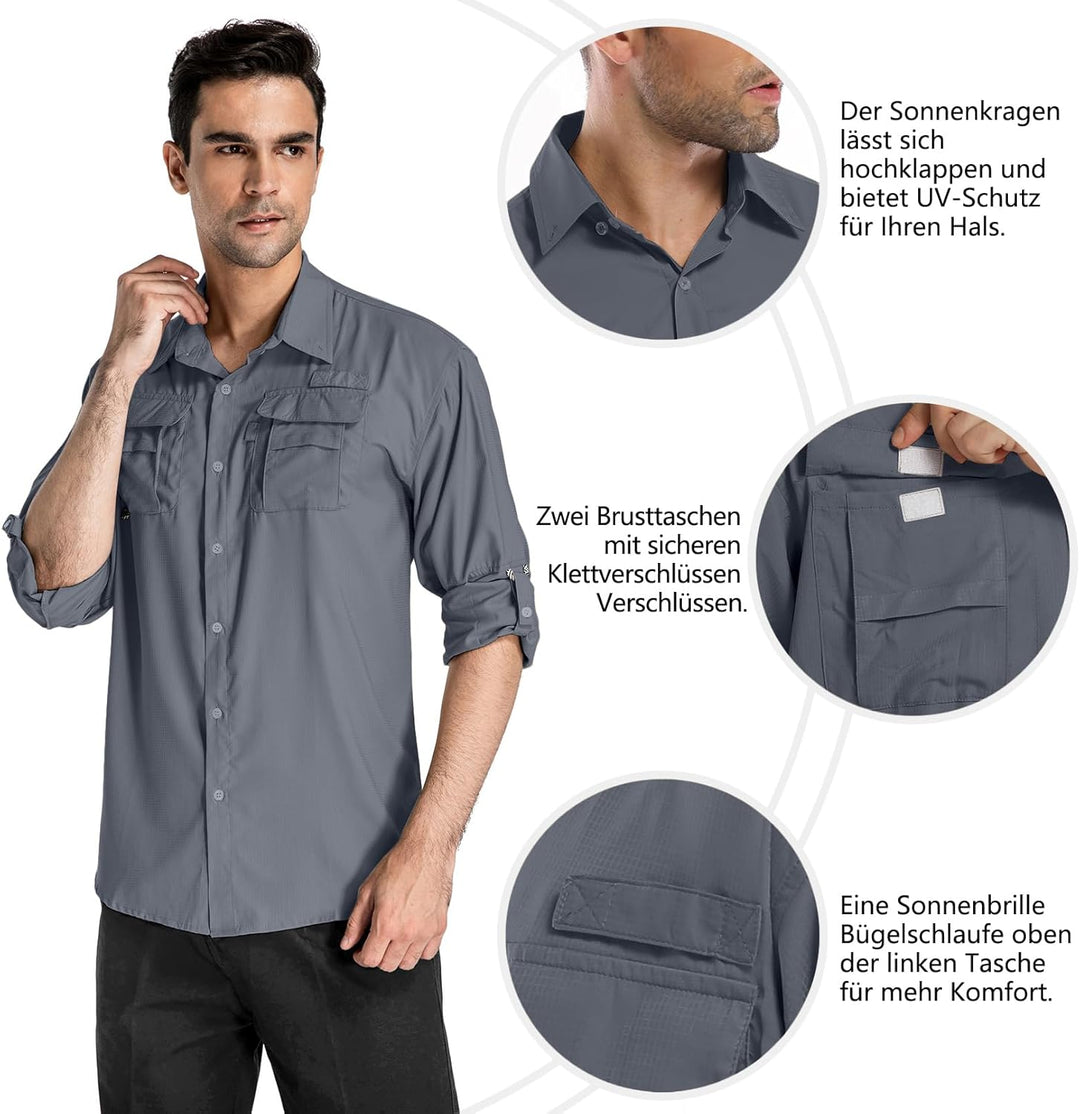 yeyity Outdoor Langarm Safari Hemd UPF50 UV Schutz Funktionshemd Atmungsaktiv Button Down Hemd für W