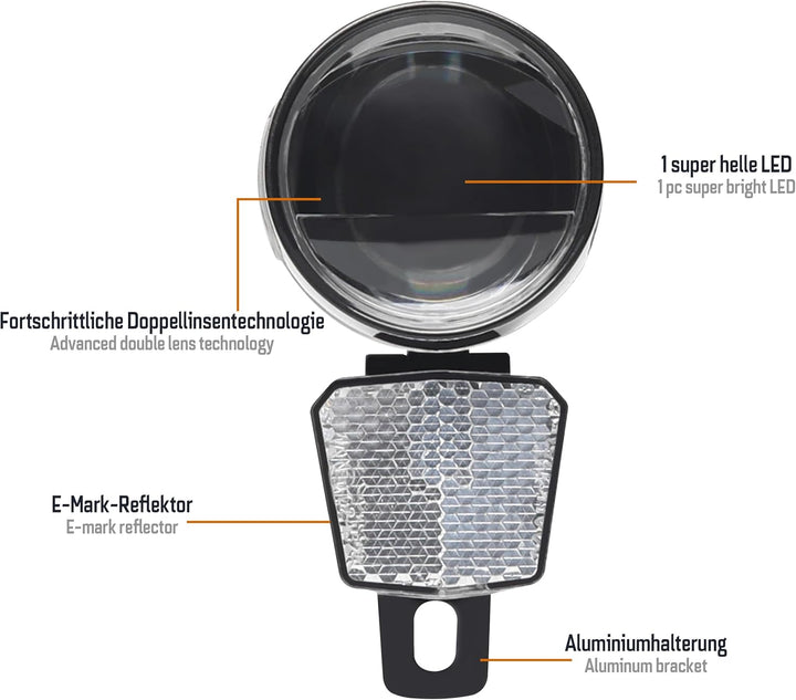 E-Bike Frontlicht 100 Lux Nova E100 – StVZO zugelassen, IP65 wassergeschützt, LED mit Doppel-Linsent