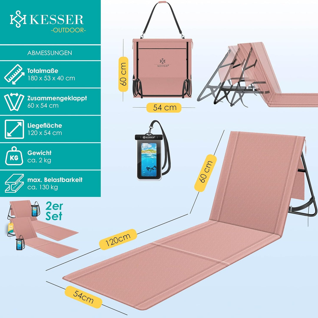 KESSER® 2er Set Strandmatte klappbar mit Verstellbarer Rückenlehne, Tragegurt, wasserdichter Tasche