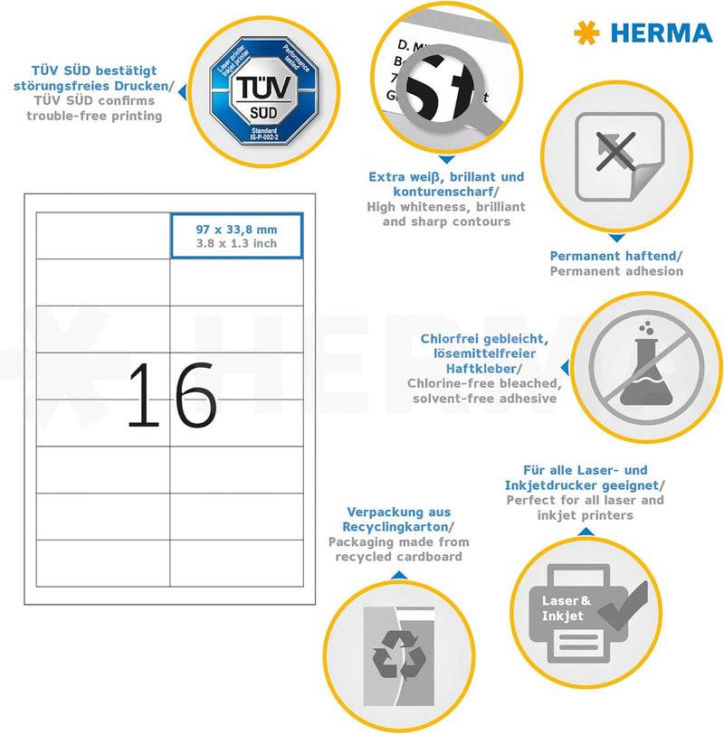 HERMA 4619 Adressetiketten, 200 Blatt, 97 x 33,8 mm, 16 Stück pro A4 Bogen, 3200 Aufkleber, selbstkl