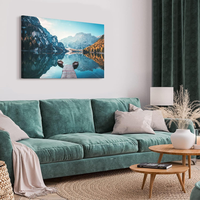 PICANOVA – Bild auf Leinwand Dolomites Bergsee Pragser Wildsee 100x75cm Leinwandbild – Premium Leinw