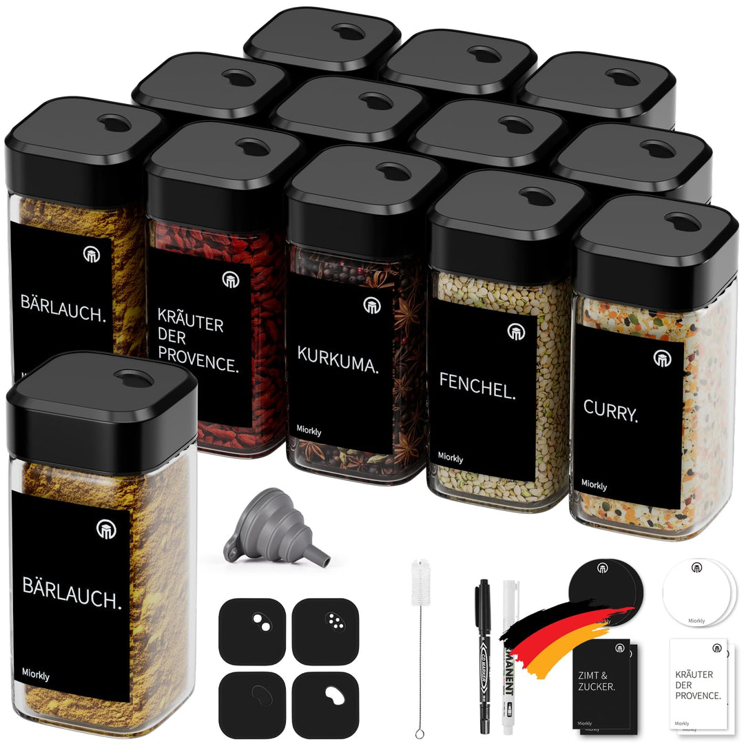 Miorkly 12 Gewürzgläser Eckig mit Drehdeckel,Gewürzstreuer Glas 120 ml - Gewürzdosen Set Starke Vers