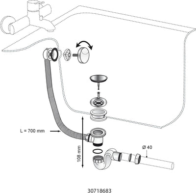 Wirquin 30718683 Vidage De Baignoire A Cable L700 Siphon Cobra Abs Ablauf, weiss