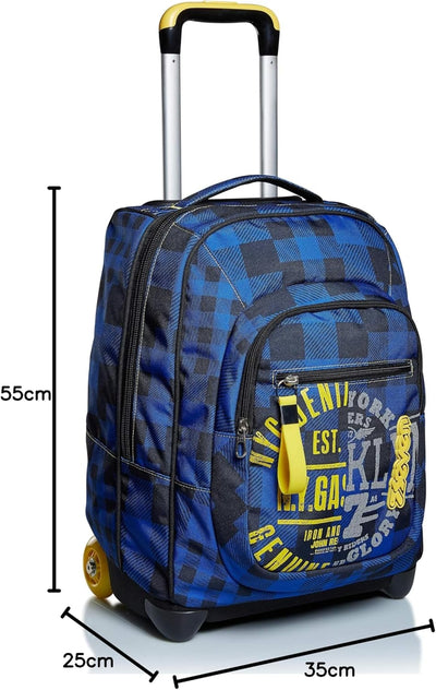 SEVEN TROLLEY Check, blau, einziehbare Schultergurte, 2-in-1-Rucksack mit Crossover-System, Schule &