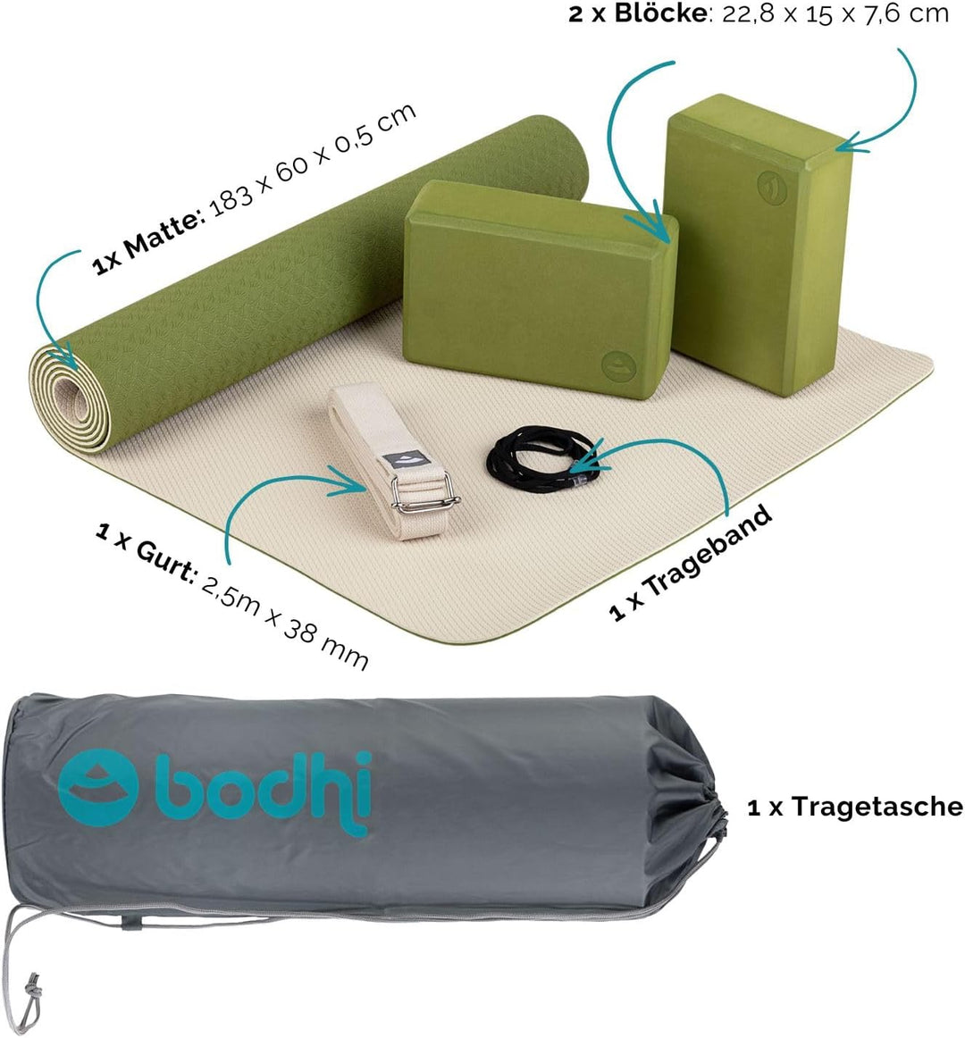 Bodhi Yoga Starter-Set Komplett | Rutschfeste Yogamatte aus TPE inkl. 2 Yogablöcken aus Eva (Moosgum