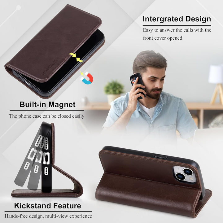 VISOUL Hülle für iPhone 15, Schutzhülle [Echt Leder] [Schützt vor Stoss] [Kartenfach] [Magnetverschl