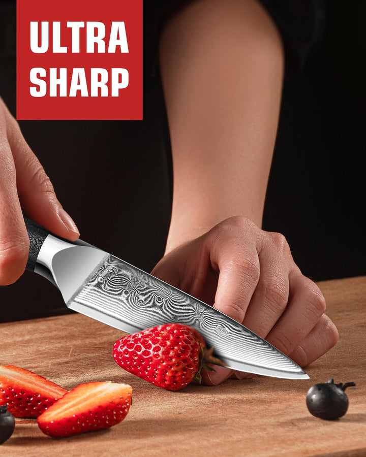 MOSFiATA 3,5 Zoll Damast Schälmesser Obstmesser Scharf Gemüsemesser, VG10 Damaszener Stahl, Geschenk