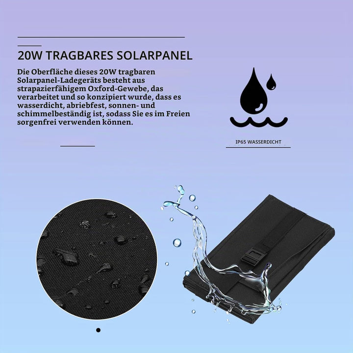 20W Tragbares Solarpanel, Faltbares USB-Solarpanel-Ladegerät, IP65 Wasserdicht, USB5V-Ausgang, Entfa