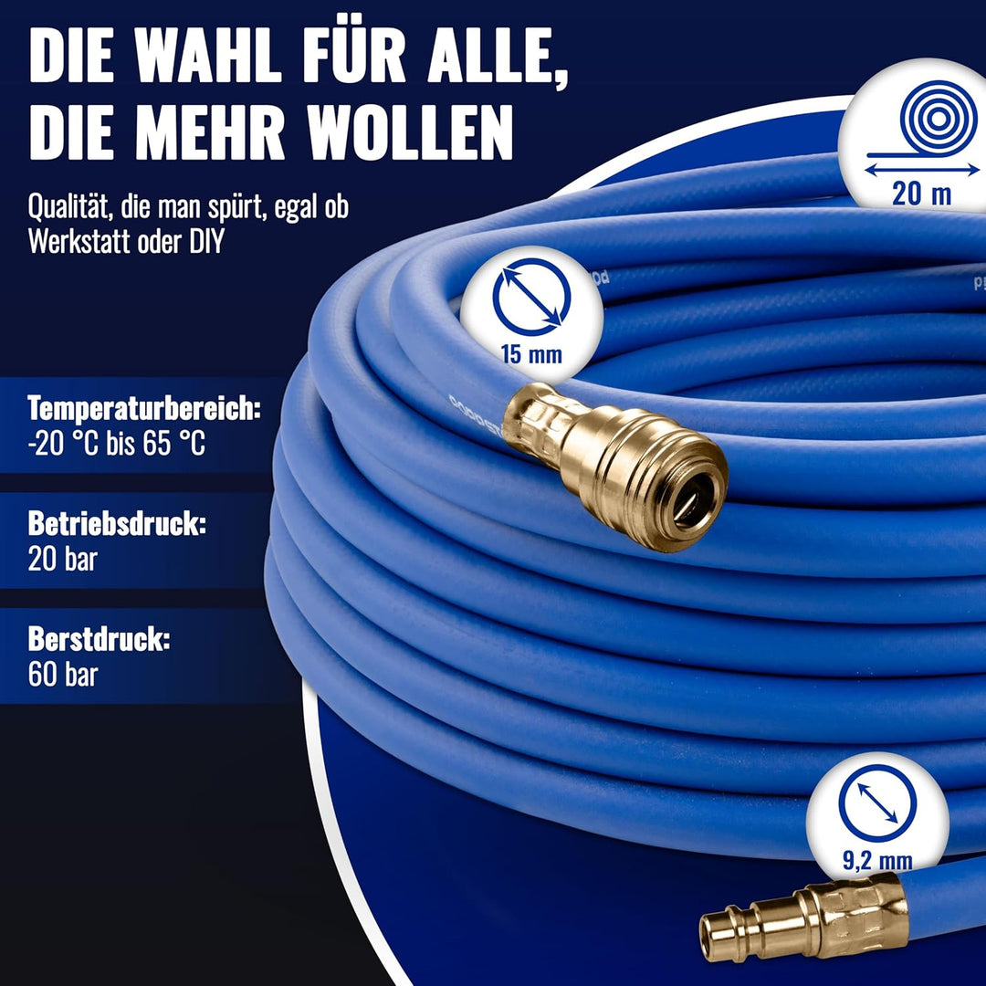 Poppstar Druckluftschlauch 20 m (Hybrid PVC mit Gewebe, Innendurchmesser 9,2mm mit Messing-Schnellku