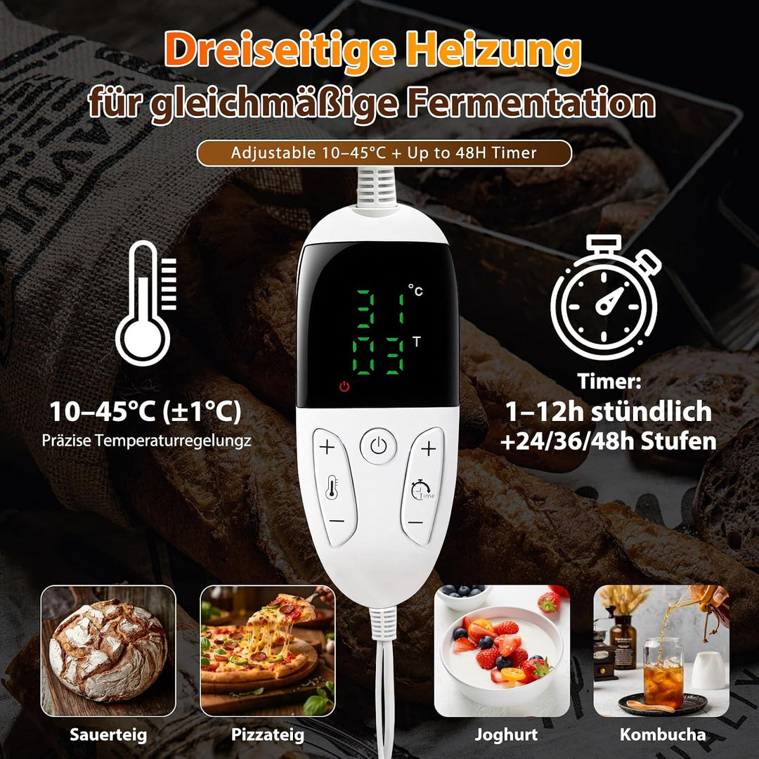 Teigfermentierbox Elektrisch - 10-45°C einstellbarer Brotfermentierer mit Timer, dreiseitige Heizung