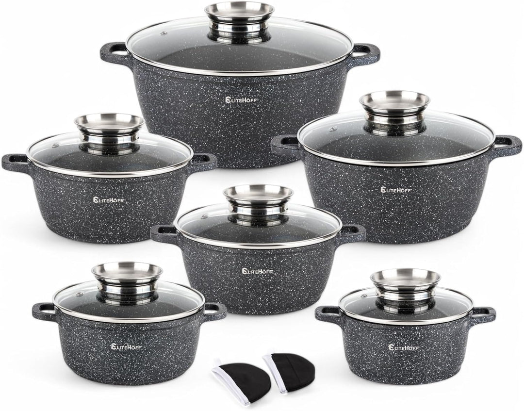 EliteHoff Kochtopf Set Induktion, Topf aus Aluminiumguss mit Antihaftbeschichtung, Topfset mit Glasd