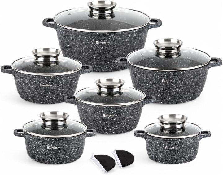 EliteHoff Kochtopf Set Induktion, Topf aus Aluminiumguss mit Antihaftbeschichtung, Topfset mit Glasd