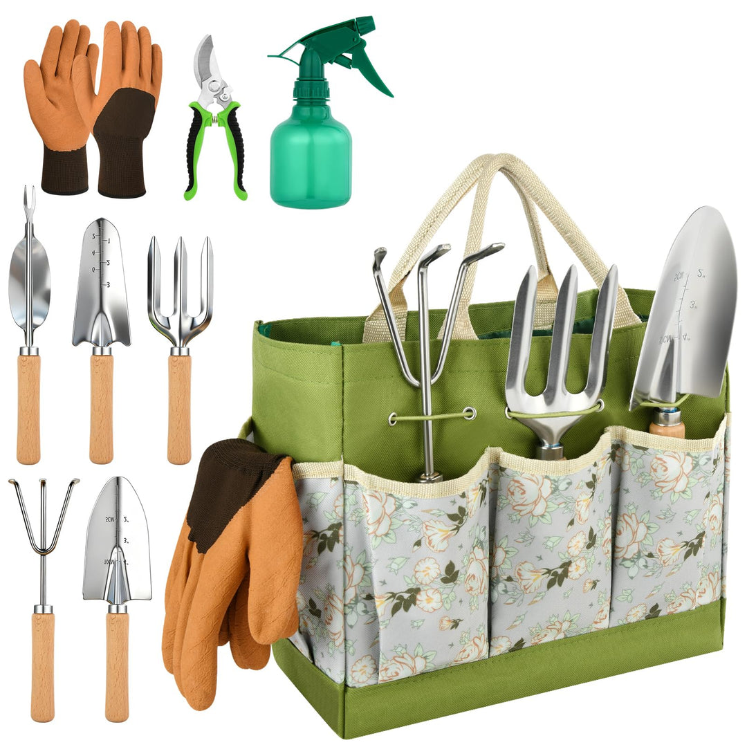 Gartenwerkzeug Set, 9 Stück Garten Hand Werkzeuge mit Aufbewahrungstasche, Stabil Rost-Sicht Garteng