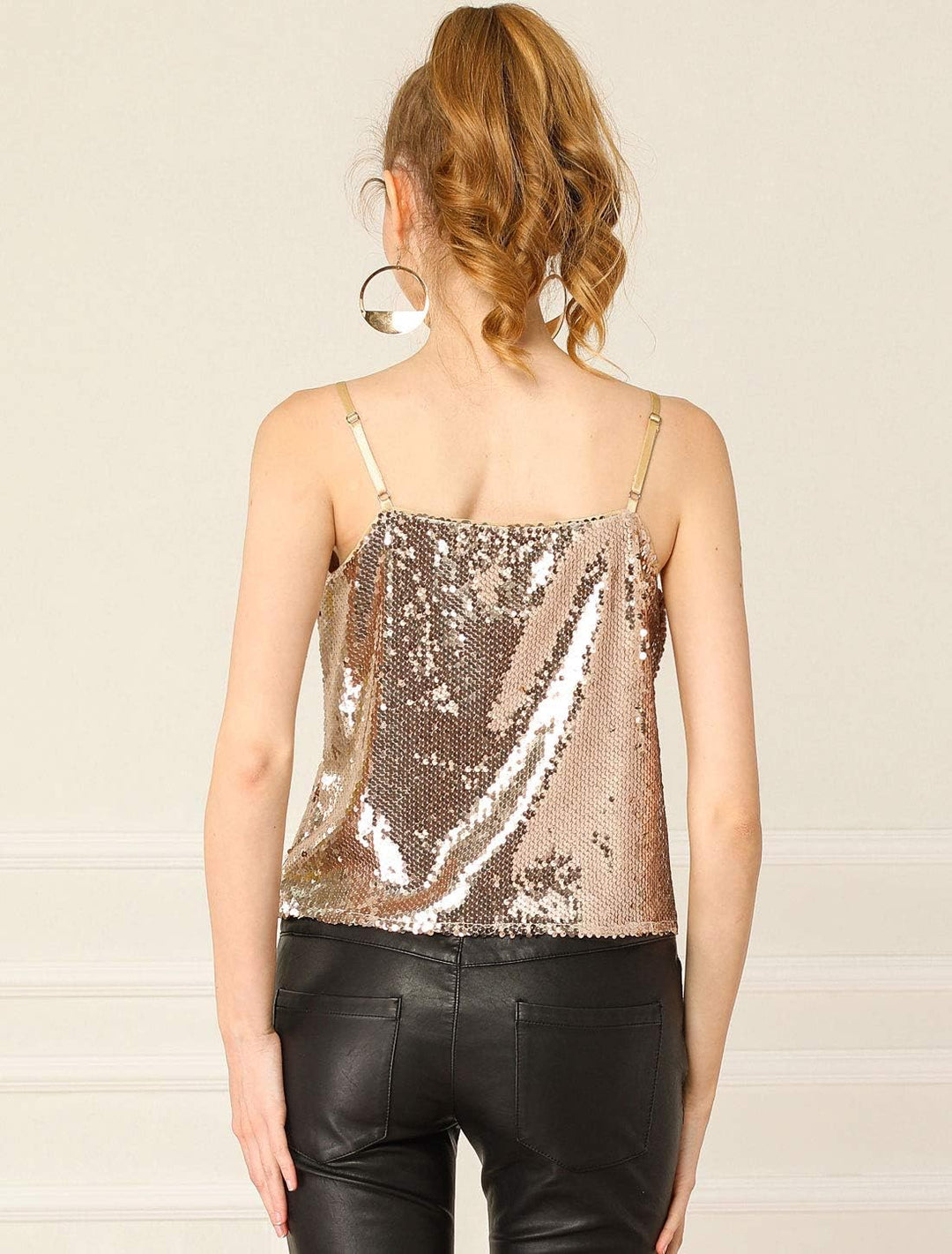 Allegra K Damen Pailletten Oberteil Glitzer Top Spaghetti Party Club Camisole Metallic Festival Shir