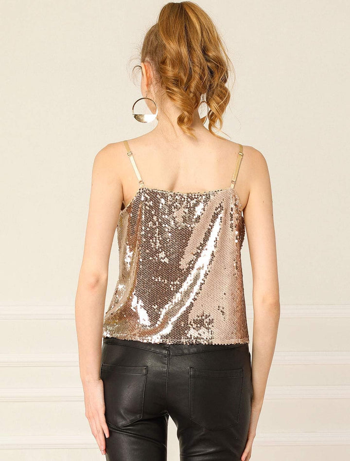 Allegra K Damen Pailletten Oberteil Glitzer Top Spaghetti Party Club Camisole Metallic Festival Shir