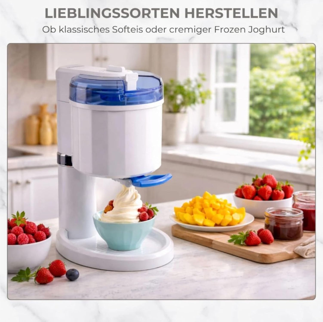 Gino Gelati Softeismaschine Creamy für Zuhause | frisches Softeis selbst machen | 15W | Weiss/Blau |