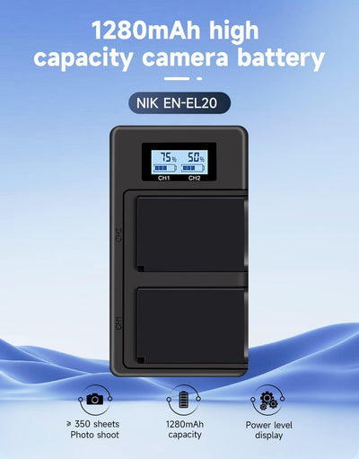 2 Stück EN-EL20 EN-EL20a Akkus und Smart LCD Display Dual USB Ladegerät für Nikon Coolpix P950, P100
