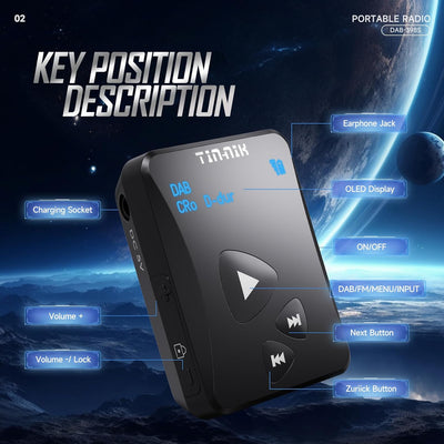 Tin-Nik DAB-398S tragbares DAB/DAB+/UKW-Radio, digitales Taschen-RDS UKW-Mini-Radio mit wiederauflad