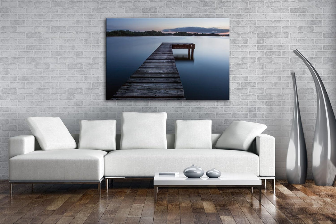 deyoli Bootssteg am ruhigem See Format: 100x70 als Leinwand, Motiv fertig gerahmt auf Echtholzrahmen