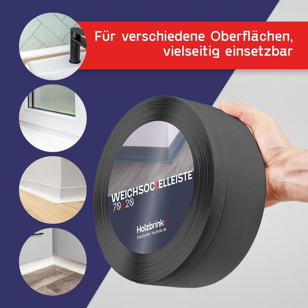 HOLZBRINK Weichsockelleiste selbstklebend Grau Knickleiste, Material: PVC, 70x20mm, 5 Meter 5m Grau,