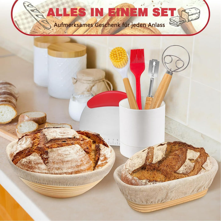 Sauerteig Starter Set, Gärkorb Brot Set mit 2 Gärkörbchen (23cm Runde & 25cm Ovale), Rattan, 1000ml