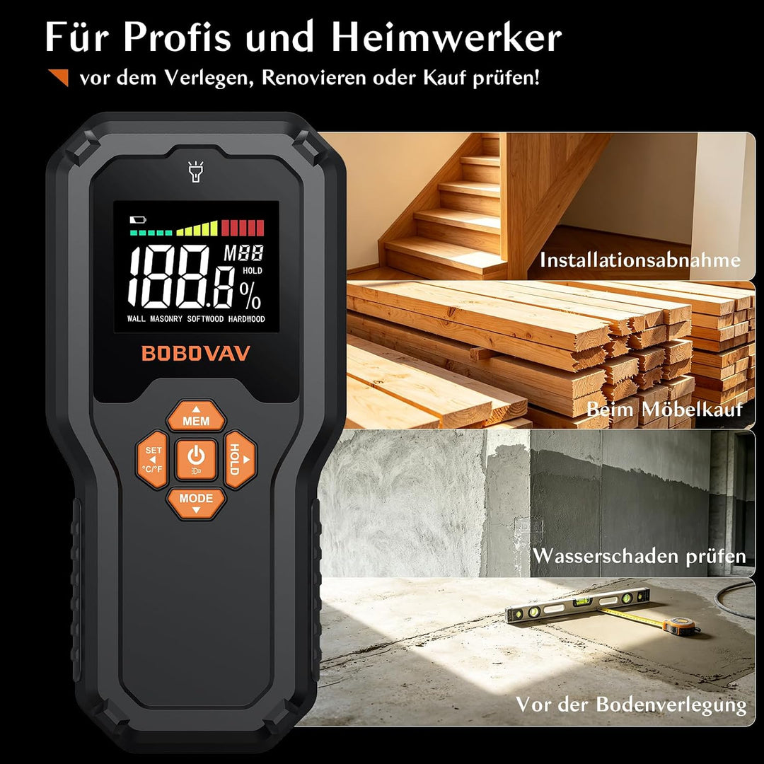 Pinless Digitaler Feuchtigkeitsmesser Feuchtigkeitsmessgerät ohne Einstich, 19mm Messtiefe LED-Anzei