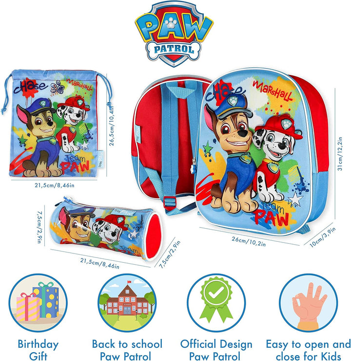 Paw Patrol Kindergartenrucksack Jungen 3D, Turnbeutel und Stiftebox Schulrucksack Jungen und Mädchen
